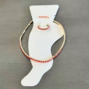 Gold Cherry Red Stretchy Allover Rhinestone Anklet Ankle Bracelet & Toe Ring Set